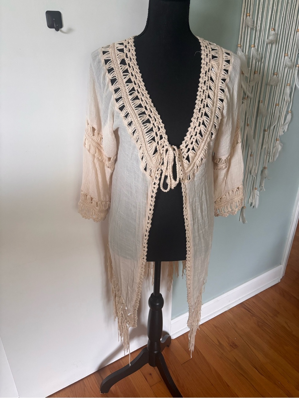 Boho Crochet-Trim Open Front Kimono Jacket in Cream